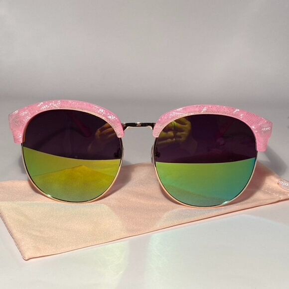 0633 Pink Plastic and Gold Metal Mirrored Green Lense Sunglasses New - Picture 1 of 12